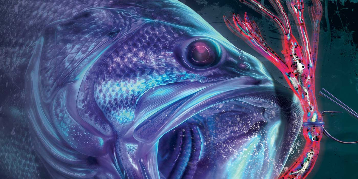 A close-up stylized artwork of a large fish head in vivid blue, purple, and teal tones, with a bright red coral or anemone-like structure at the right side against a dark teal background.