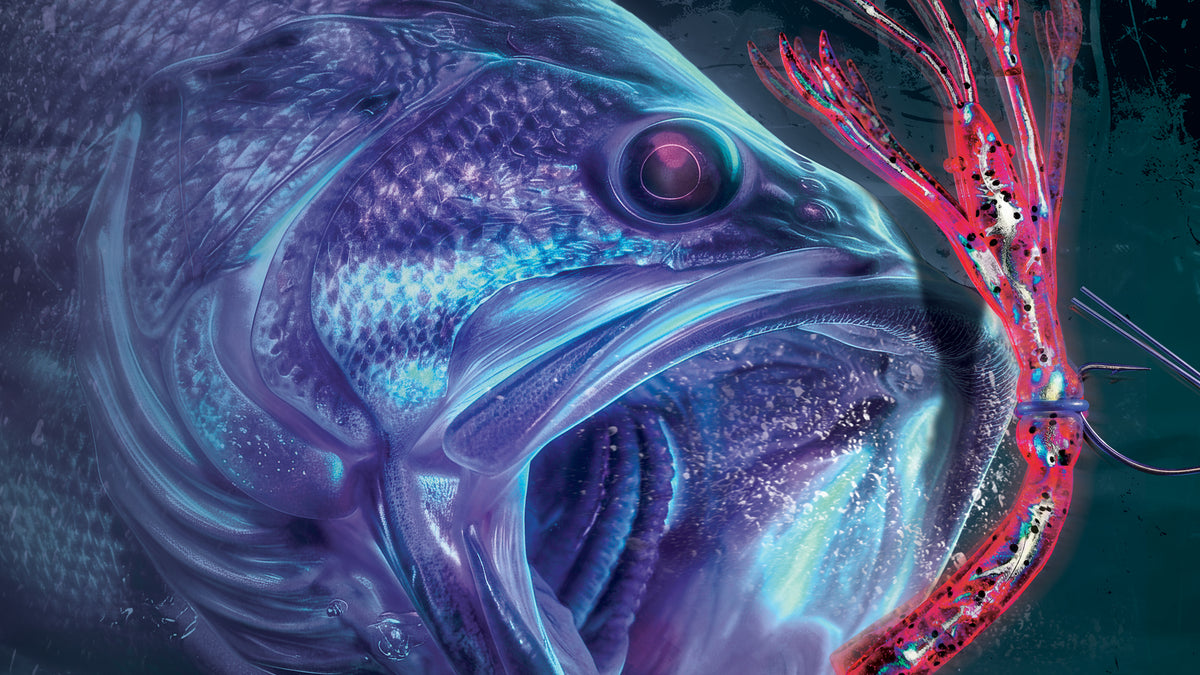 A close-up surreal artwork of a large fish with glowing blue and purple scales, its mouth open, alongside a bright red and pink coral-like structure against a dark teal background.
