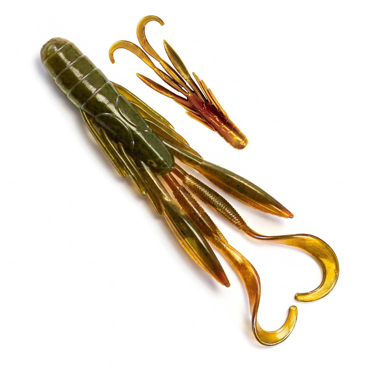 A Culprit Incredi-Craw, soft plastic craw  imitation, with a segmented crawdad colored body and translucent amber-brown legs, shown on a clean white background.