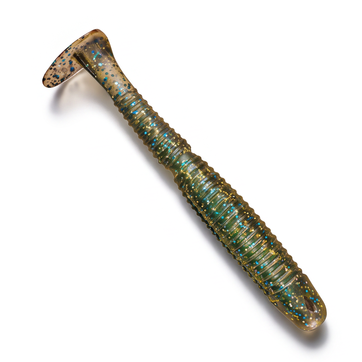 A Culprit Incredi-Swim soft plastic ribbed fishing lure with a tan body, blue glitter, and dark speckles, shown diagonally on a white background.