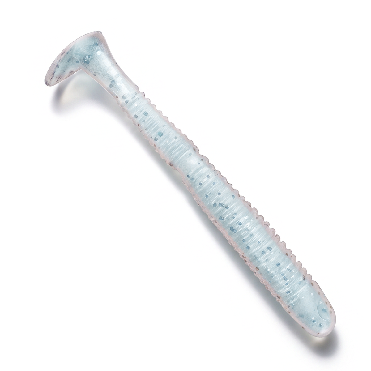 A Culprit Incredi-Swim light blue and white soft plastic fishing lure with tiny blue glitter flakes, shown on a clean white background.