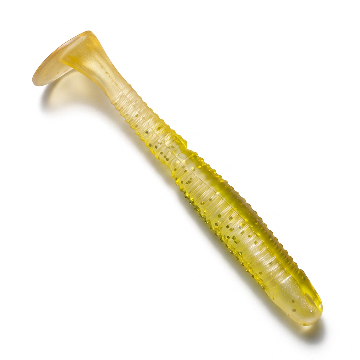 A Culprit Incredi-Swim soft plastic swimbait with a ribbed body and a curved tail, shown on a clean white background.