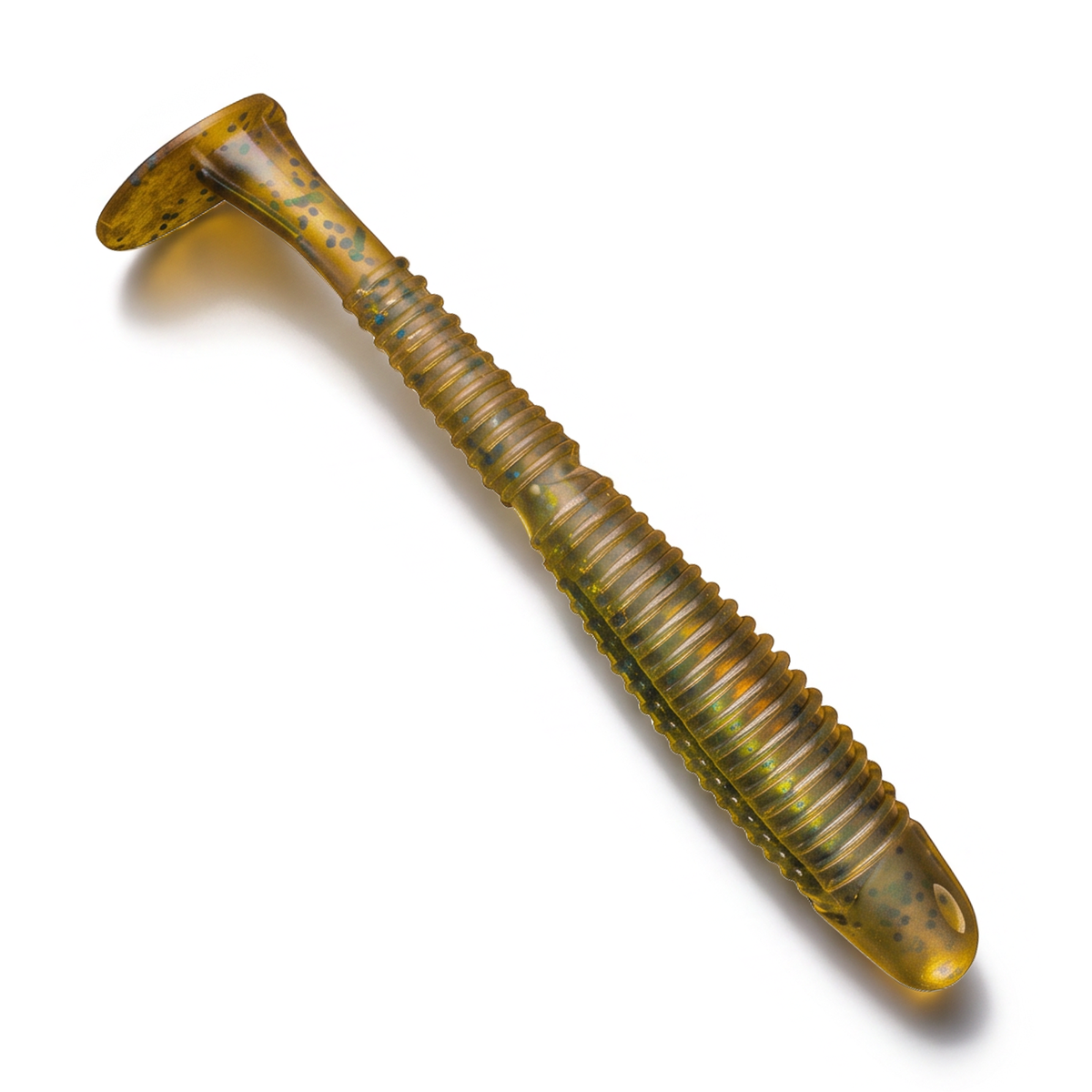 A Culprit Incredi-Swim soft plastic fishing lure with a ribbed body and a flared tail, shown diagonally on a white background.