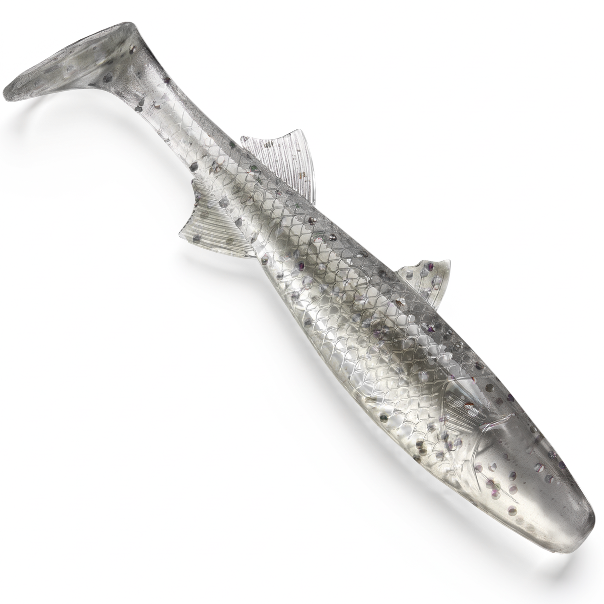 A Riptide Salt and Pepper Mullet lure with detailed scale patterns and small dark spots, photographed on a clean white background.