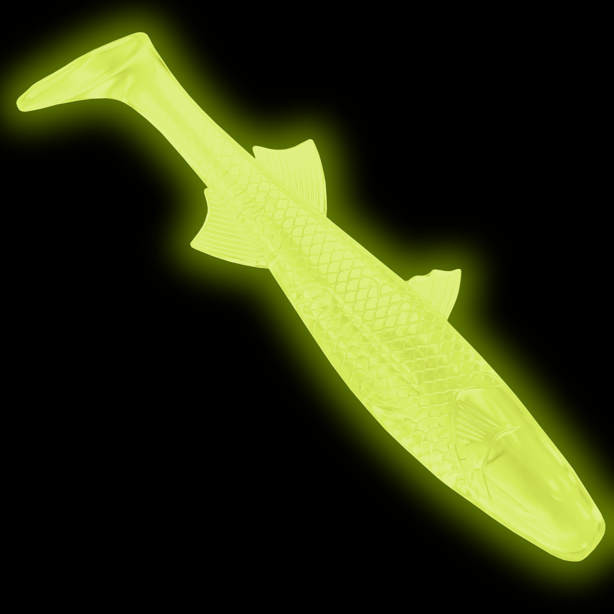 A glow in the dark soft plastic fishing lure shaped like a realistic fish, shown against a solid black background.