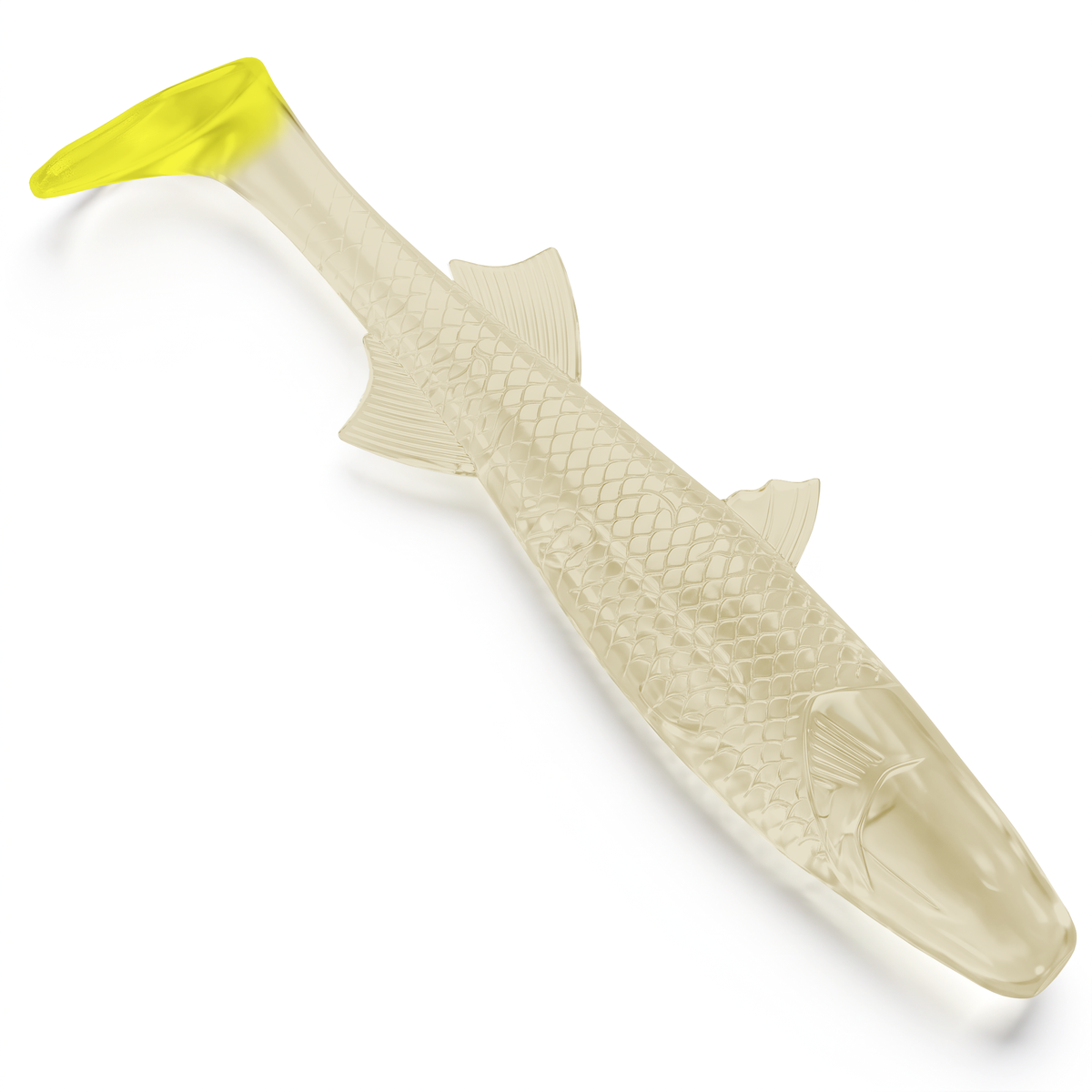 A Riptide Nite Glow Chartreuse Tail Mullet fishing lure shaped like a realistic fish, shown on a clean white background.