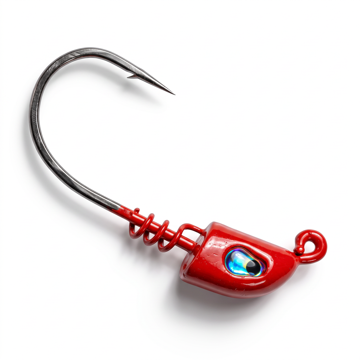 A red Riptide jig head with a curved silver metal hook and a realistic blue and black eye detail on the head, shown on a clean white background.