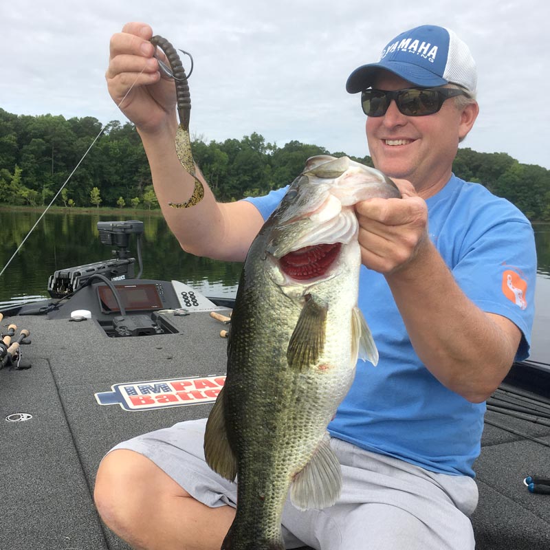 Dustin Wilks sitting on a boat holds up a freshly caught largemouth bass, showing the Culprit Fat Max, Watermelon Pepper fishing lure. He is wearing a blue Yamaha t-shirt, a blue and white Yamaha cap, and sunglasses on a lake with trees in the background.
