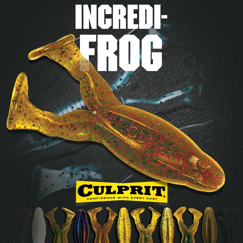 Promotional graphic for the Culprit Incredi-Frog soft plastic fishing lure, showing a translucent golden-brown frog with red glitter on a dark background, with smaller alternate color options lined up at the bottom.