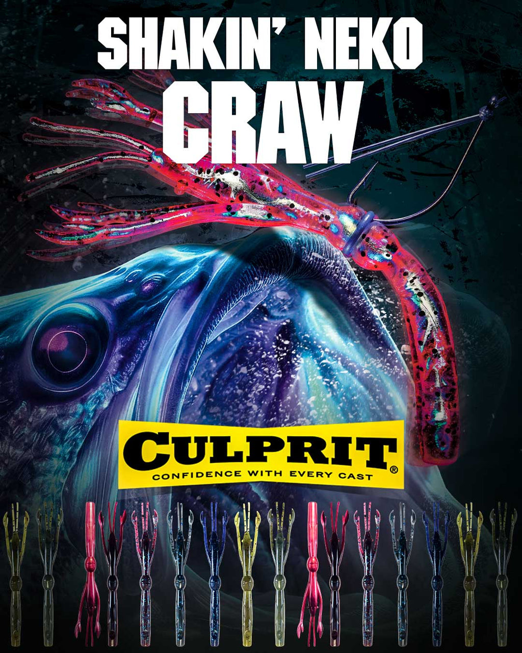 Shakin Neko Craw advertisement showing off a lare bass, a Shakin Neko Craw rigged lure, culprit logo, and a lineup of lure colors