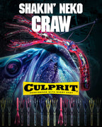 Shakin Neko Craw advertisement showing off a lare bass, a Shakin Neko Craw rigged lure, culprit logo, and a lineup of lure colors