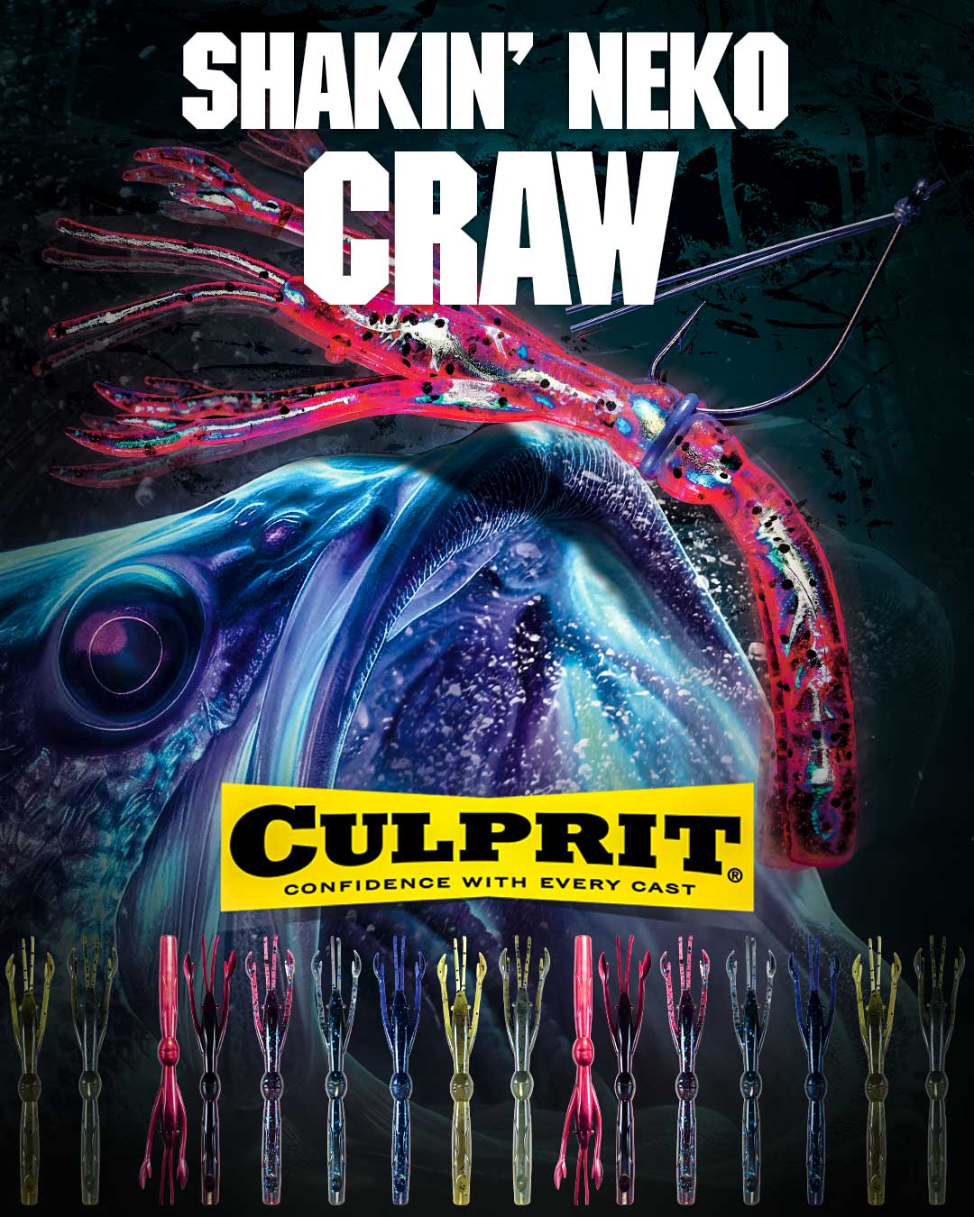 Shakin Neko Craw advertisement showing off a lare bass, a Shakin Neko Craw rigged lure, culprit logo, and a lineup of lure colors