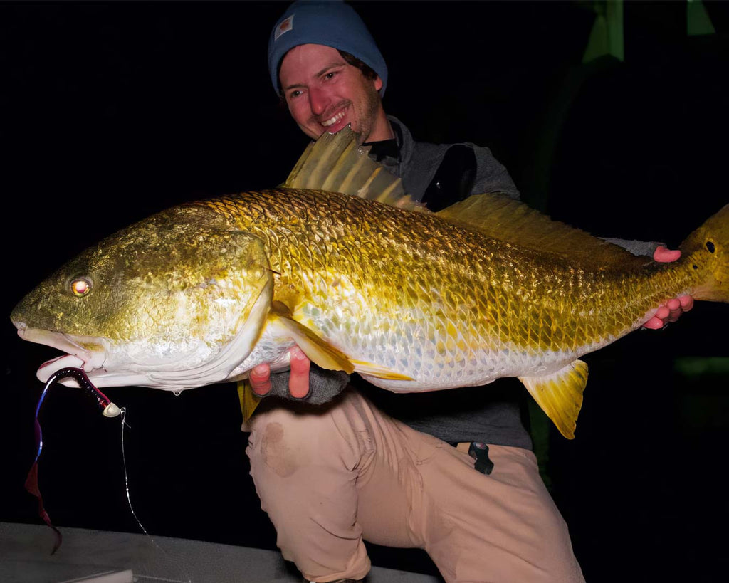 Sawyer Martin kneeling on a boat at night, holding a very large yellow bass fish. He is wearing a blue beanie, a dark gray hoodie, and tan pants, with a Culprit Original Worm fishing lure attached to the fish's mouth.