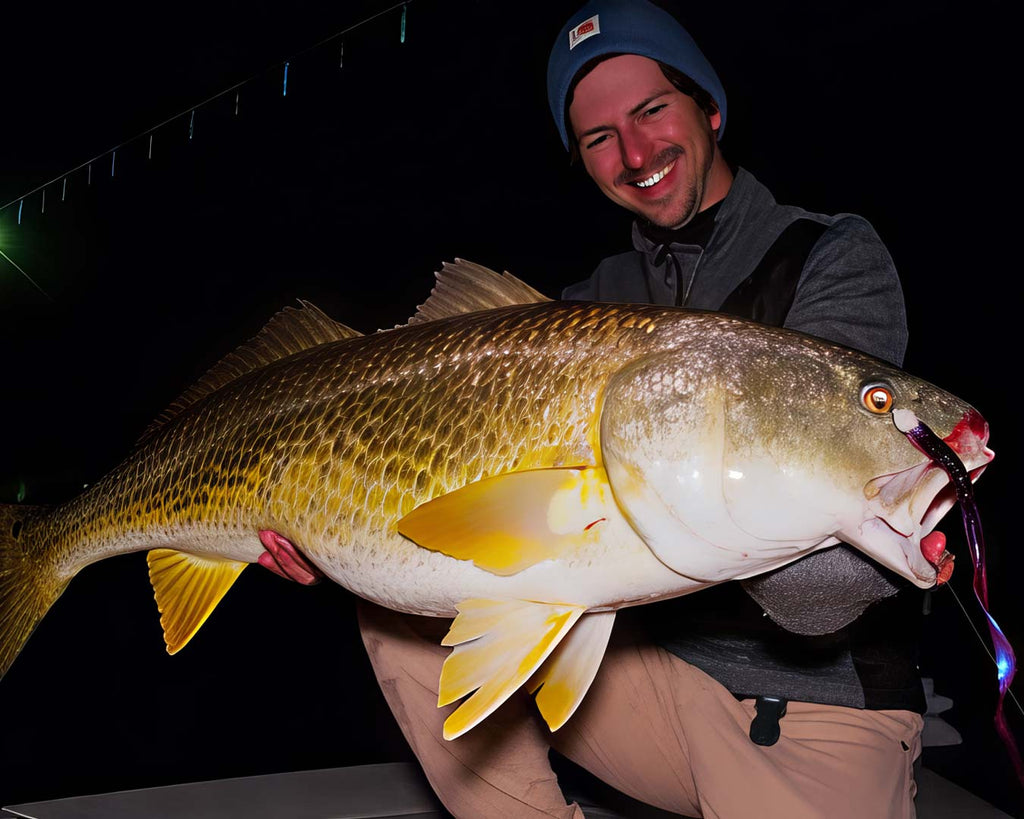 Sawyer Martin in a beanie and gray jacket holds a large redfish with a Culprit Original Worm lure in its mouth against a dark night background.